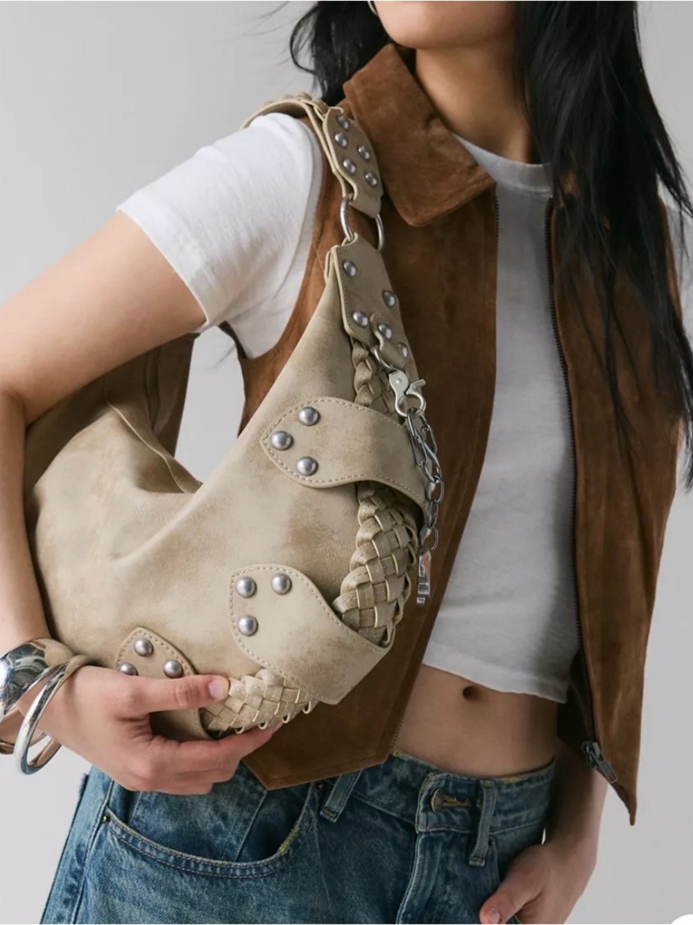 New With Tags Urban Outfitters Silence + Noise Emory Studded Hobo Bag in Bone